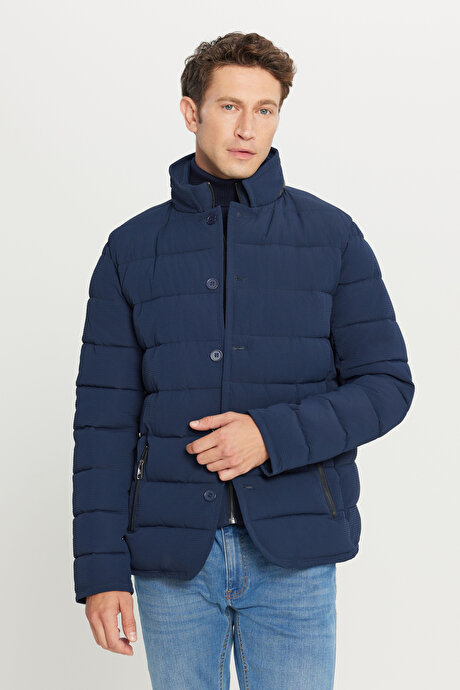 Standart Fit Normal Kesim Dik Yaka Yan Cepli Casual Lacivert Mont resmi