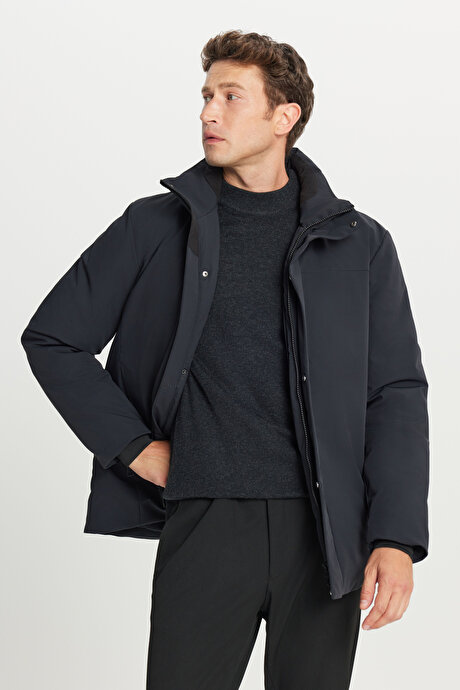 Sıcak Tutan Standart Fit Normal Kesim Dik Yaka Yan Cepli Casual Siyah Mont resmi