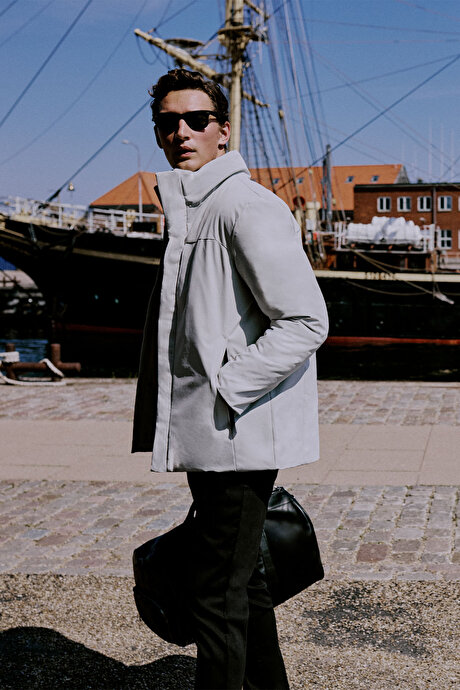 Sıcak Tutan Standart Fit Normal Kesim Dik Yaka Yan Cepli Casual Taş Mont resmi