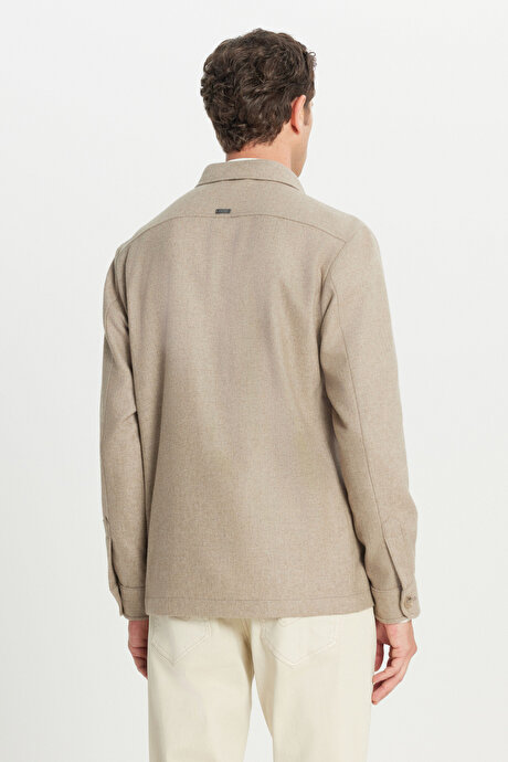 Yünlü Comfort Fit Rahat Kesim Gömlek Yaka Çift Kapak Cepli Bej Mont resmi
