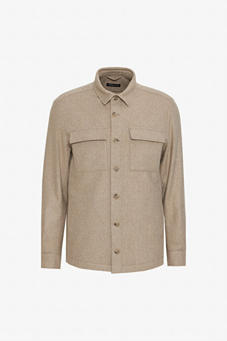 Yünlü Comfort Fit Rahat Kesim Gömlek Yaka Çift Kapak Cepli Bej Mont resmi