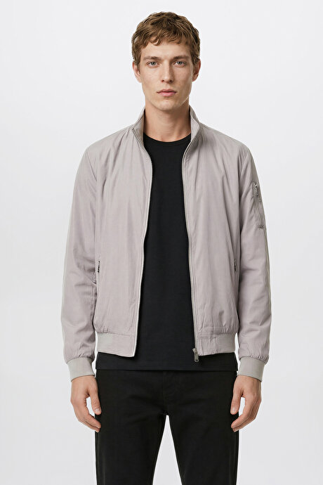 Mevsimlik Standart Fit Normal Kesim Dik Yaka Fermuarlı Cepli Bomber Ceket Gri Mont resmi