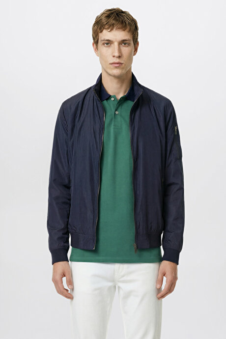 Mevsimlik Standart Fit Normal Kesim Dik Yaka Fermuarlı Cepli Bomber Ceket Lacivert Mont resmi