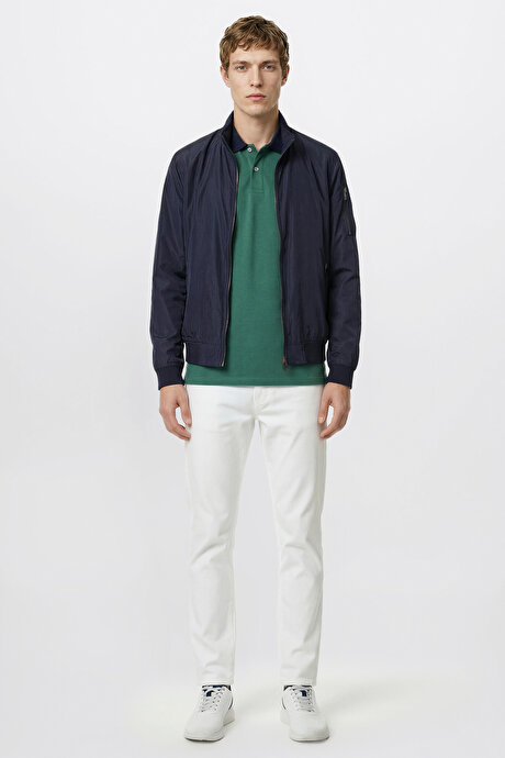 Mevsimlik Standart Fit Normal Kesim Dik Yaka Fermuarlı Cepli Bomber Ceket Lacivert Mont resmi