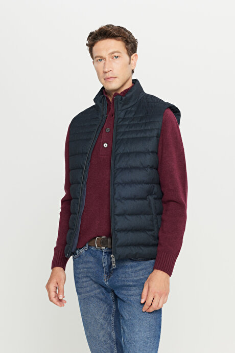 Standart Fit Normal Kesim Dik Yaka Yan Cepli Çizgili Lacivert Yelek resmi