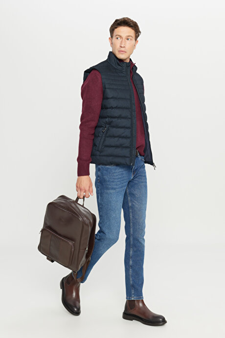 Standart Fit Normal Kesim Dik Yaka Yan Cepli Çizgili Lacivert Yelek resmi