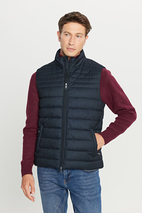 Standart Fit Normal Kesim Dik Yaka Yan Cepli Çizgili Lacivert Yelek resmi