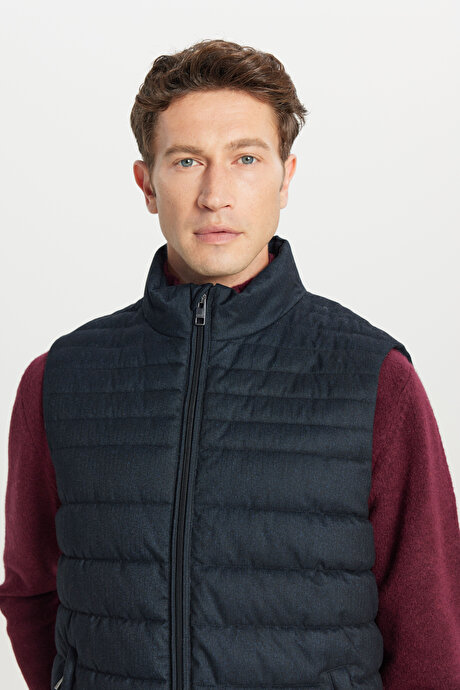 Standart Fit Normal Kesim Dik Yaka Yan Cepli Çizgili Lacivert Yelek resmi