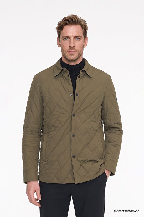 Standart Fit Normal Kesim Gömlek Yaka Fleto Cepli Overcoat Haki Mont resmi