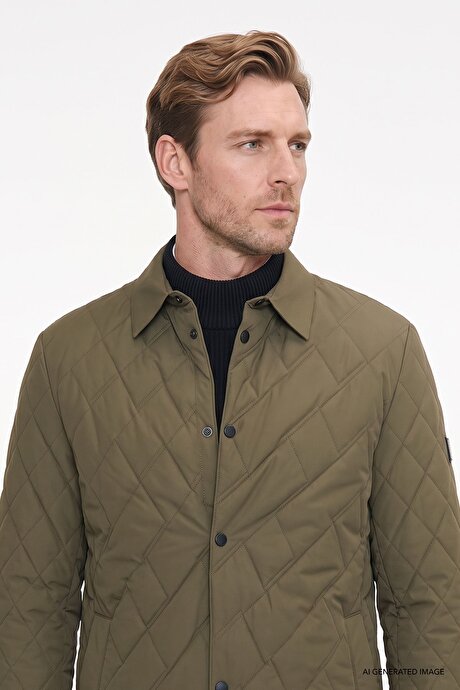 Standart Fit Normal Kesim Gömlek Yaka Fleto Cepli Overcoat Haki Mont resmi