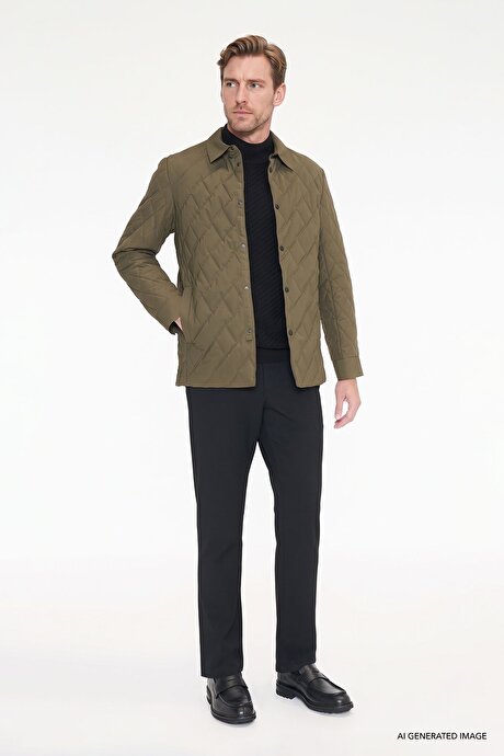 Standart Fit Normal Kesim Gömlek Yaka Fleto Cepli Overcoat Haki Mont resmi