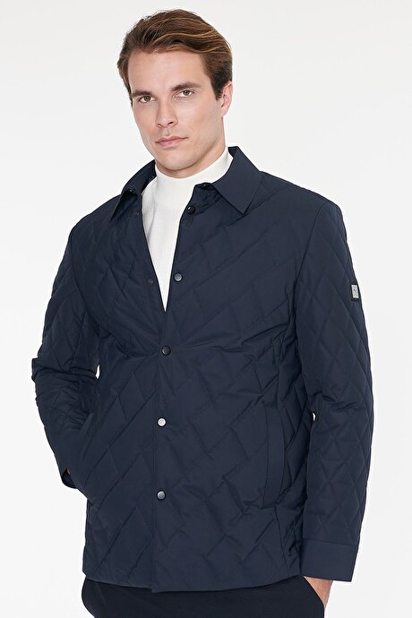 Standart Fit Normal Kesim Gömlek Yaka Fleto Cepli Overcoat Lacivert Mont resmi