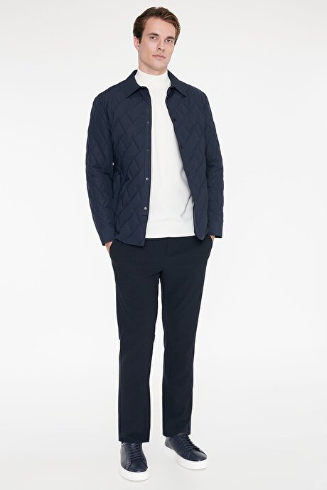 Standart Fit Normal Kesim Gömlek Yaka Fleto Cepli Overcoat Lacivert Mont resmi