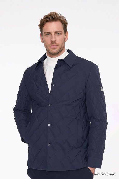 Standart Fit Normal Kesim Gömlek Yaka Fleto Cepli Overcoat Lacivert Mont resmi