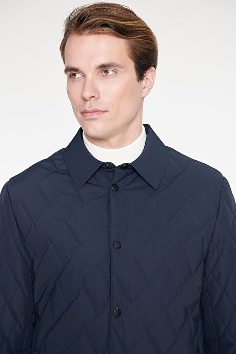 Standart Fit Normal Kesim Gömlek Yaka Fleto Cepli Overcoat Lacivert Mont resmi