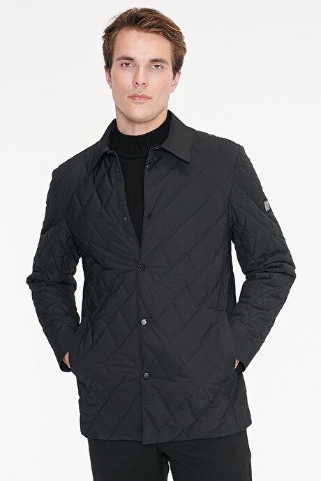 Standart Fit Normal Kesim Gömlek Yaka Fleto Cepli Overcoat Siyah Mont resmi