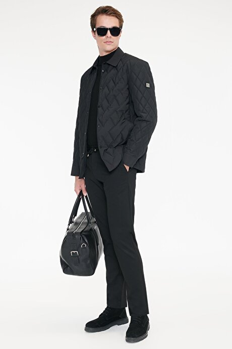 Standart Fit Normal Kesim Gömlek Yaka Fleto Cepli Overcoat Siyah Mont resmi