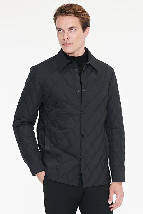 Standart Fit Normal Kesim Gömlek Yaka Fleto Cepli Overcoat Siyah Mont resmi