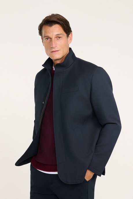 Standart Fit Normal Kesim Dik Yaka Yan Cepli Overcoat Lacivert Mont resmi