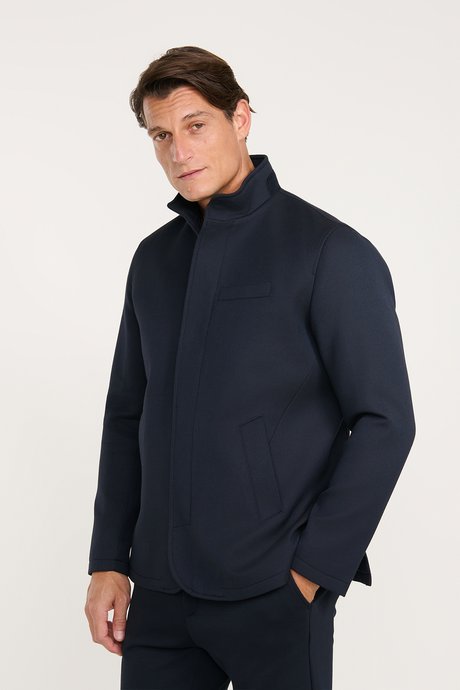 Standart Fit Normal Kesim Dik Yaka Yan Cepli Overcoat Lacivert Mont resmi