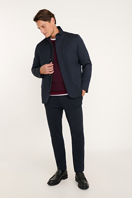 Standart Fit Normal Kesim Dik Yaka Yan Cepli Overcoat Lacivert Mont resmi
