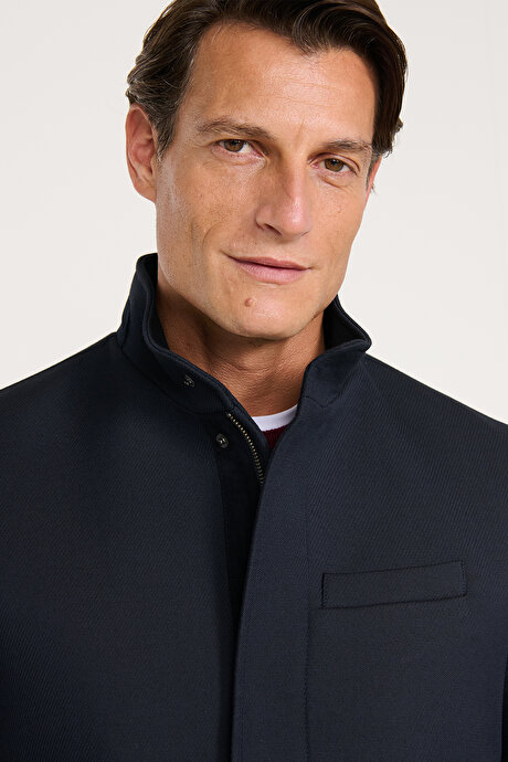Standart Fit Normal Kesim Dik Yaka Yan Cepli Overcoat Lacivert Mont resmi