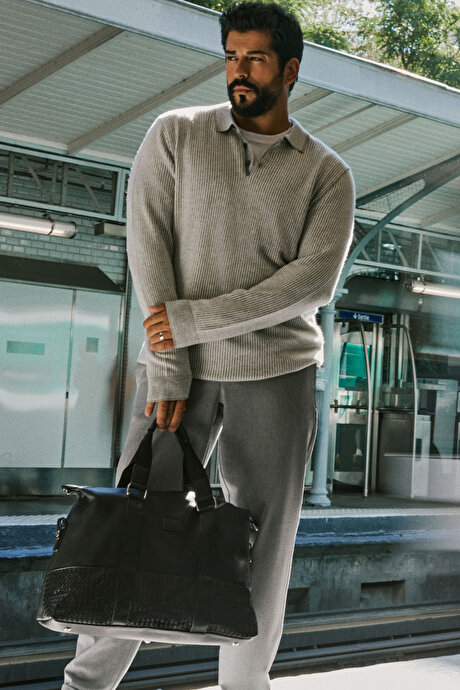 Slim Fit Dar Kesim Diagonal Desenli Beli Bağlamalı Yan Cepli Esnek Gri Pantolon resmi