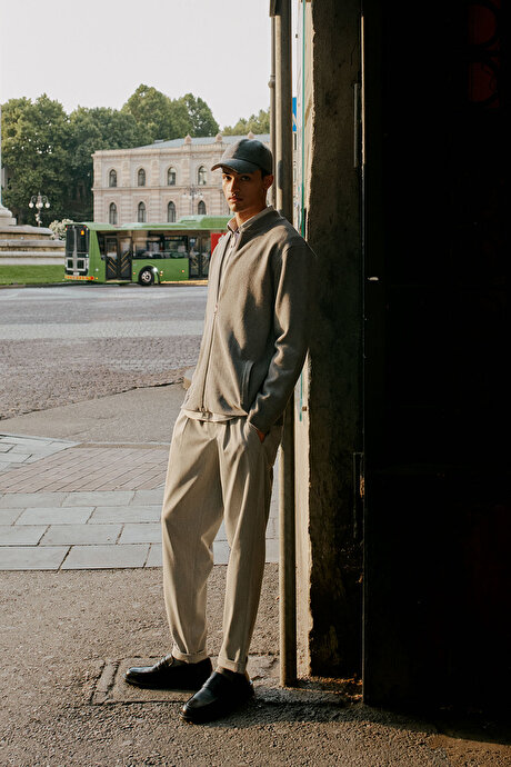 Slim Fit Dar Kesim Diagonal Desenli Beli Bağlamalı Yan Cepli Esnek Gri Pantolon resmi