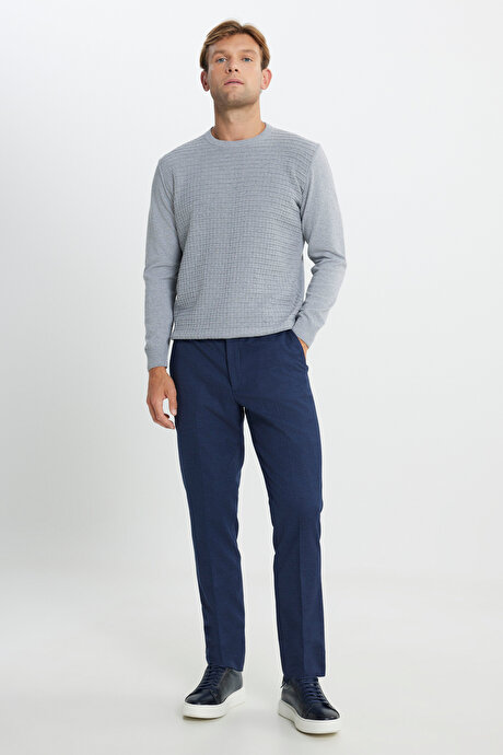 Slim Fit Dar Kesim Beli Gizli Lastikli Kazayağı Desenli Yan Cep Esnek Lacivert Pantolon resmi