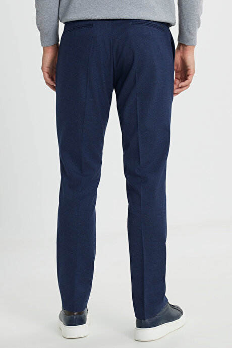 Slim Fit Dar Kesim Beli Gizli Lastikli Kazayağı Desenli Yan Cep Esnek Lacivert Pantolon resmi