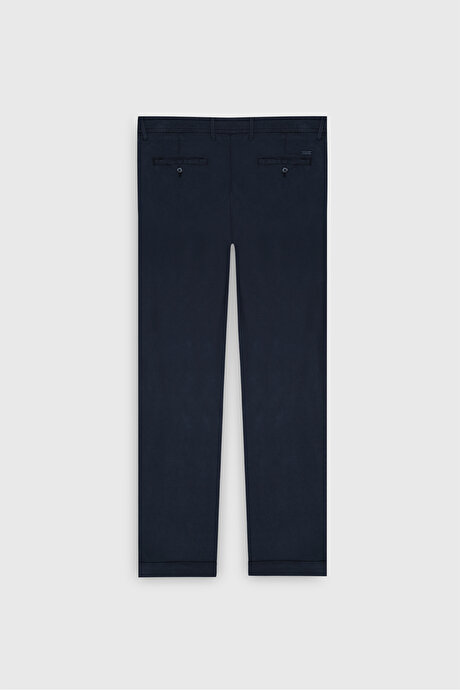 Slim Fit Dar Kesim Beli Gizli Lastikli Kazayağı Desenli Yan Cep Esnek Lacivert Pantolon resmi