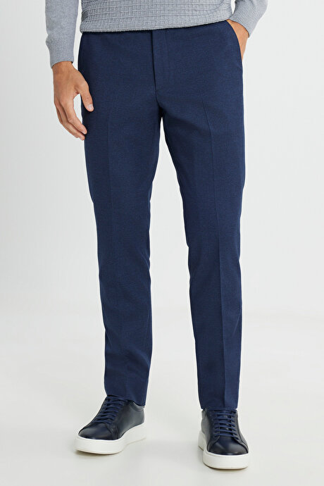 Slim Fit Dar Kesim Beli Gizli Lastikli Kazayağı Desenli Yan Cep Esnek Lacivert PantolonACE012510025LAC