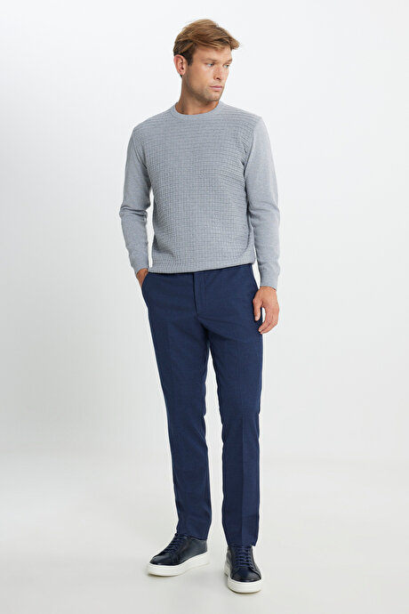 Slim Fit Dar Kesim Beli Gizli Lastikli Kazayağı Desenli Yan Cep Esnek Lacivert Pantolon resmi