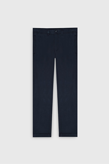 Slim Fit Dar Kesim Beli Gizli Lastikli Kazayağı Desenli Yan Cep Esnek Lacivert Pantolon resmi