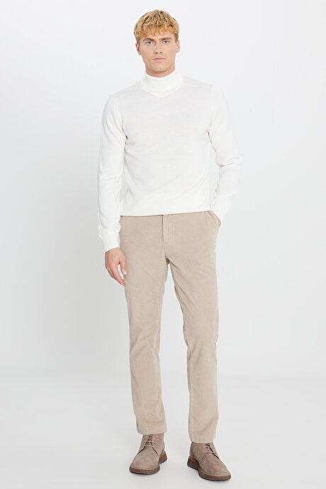 Slim Fit Dar Kesim Kadife Beli Bağlamalı Yan Cep Esnek Bej Pantolon resmi