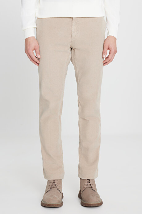 Slim Fit Dar Kesim Kadife Beli Bağlamalı Yan Cep Esnek Bej Pantolon resmi