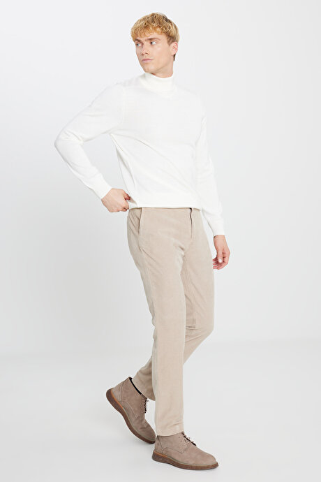 Slim Fit Dar Kesim Kadife Beli Bağlamalı Yan Cep Esnek Bej Pantolon resmi