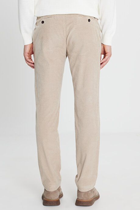 Slim Fit Dar Kesim Kadife Beli Bağlamalı Yan Cep Esnek Bej Pantolon resmi