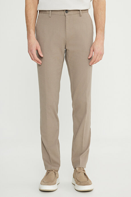 Slim Fit Dar Kesim Pamuklu Esnek Armürlü Yan Cep Camel Pantolon resmi