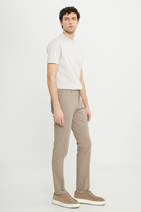 Slim Fit Dar Kesim Pamuklu Esnek Armürlü Yan Cep Camel Pantolon resmi