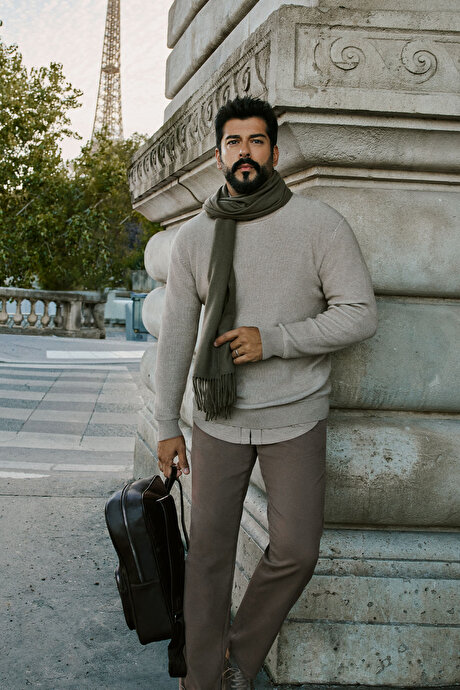 Slim Fit Dar Kesim Pamuklu Esnek Armürlü Yan Cep Camel Pantolon resmi