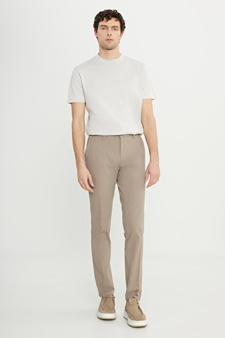 Slim Fit Dar Kesim Pamuklu Esnek Armürlü Yan Cep Camel Pantolon resmi