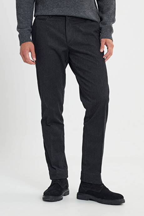 Comfort Fit Rahat Kesim Pamuklu Esnek Diagonal Desenli Yan Cep Casual Siyah Pantolon resmi