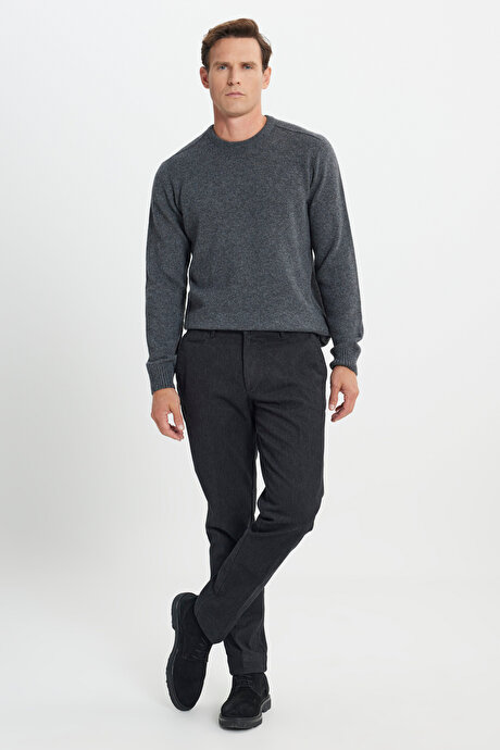 Comfort Fit Rahat Kesim Pamuklu Esnek Diagonal Desenli Yan Cep Casual Siyah Pantolon resmi