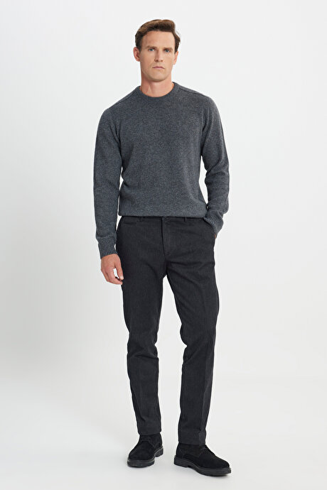 Comfort Fit Rahat Kesim Pamuklu Esnek Diagonal Desenli Yan Cep Casual Siyah Pantolon resmi