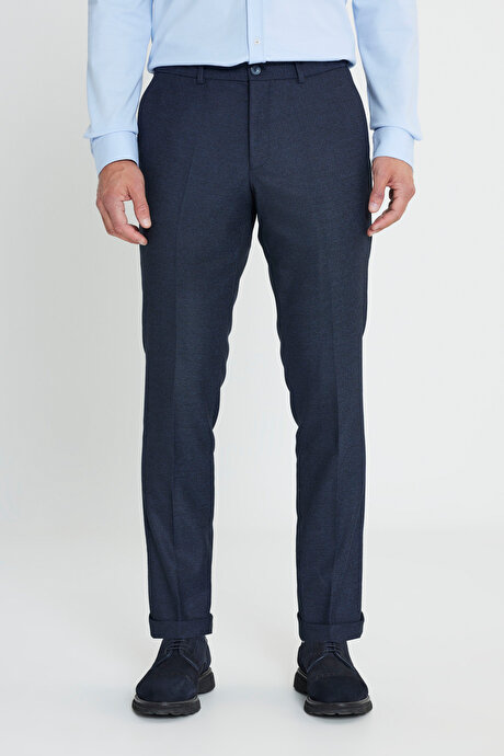 Slim Fit Dar Kesim Beli Gizli Lastikli Yan Cepli Desenli Klasik Lacivert Pantolon resmi