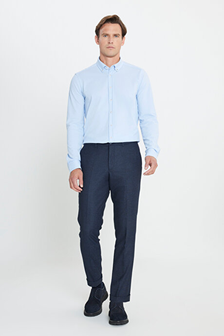 Slim Fit Dar Kesim Beli Gizli Lastikli Yan Cepli Desenli Klasik Lacivert Pantolon resmi
