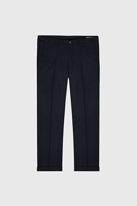 Slim Fit Dar Kesim Beli Gizli Lastikli Yan Cepli Desenli Klasik Lacivert Pantolon resmi