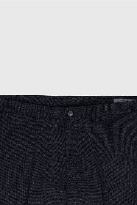 Slim Fit Dar Kesim Beli Gizli Lastikli Yan Cepli Desenli Klasik Lacivert Pantolon resmi