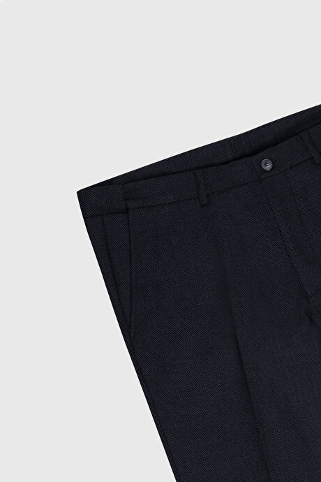 Slim Fit Dar Kesim Beli Gizli Lastikli Yan Cepli Desenli Klasik Lacivert Pantolon resmi